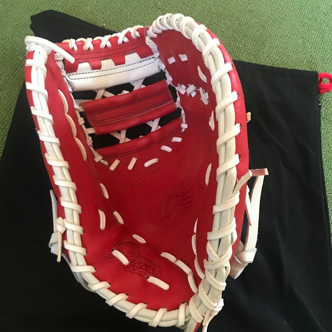 16日掲載終了！オーダーSlugger 軟式グローブ 赤/白 収納袋付き
