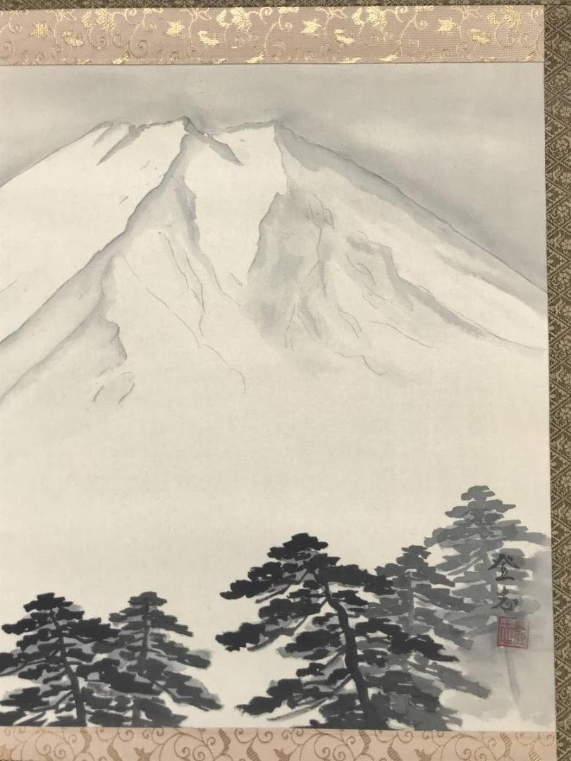【真作】登志/富士雪景図/山水図/富士山図/横物/掛軸/名家伝来/AC-638