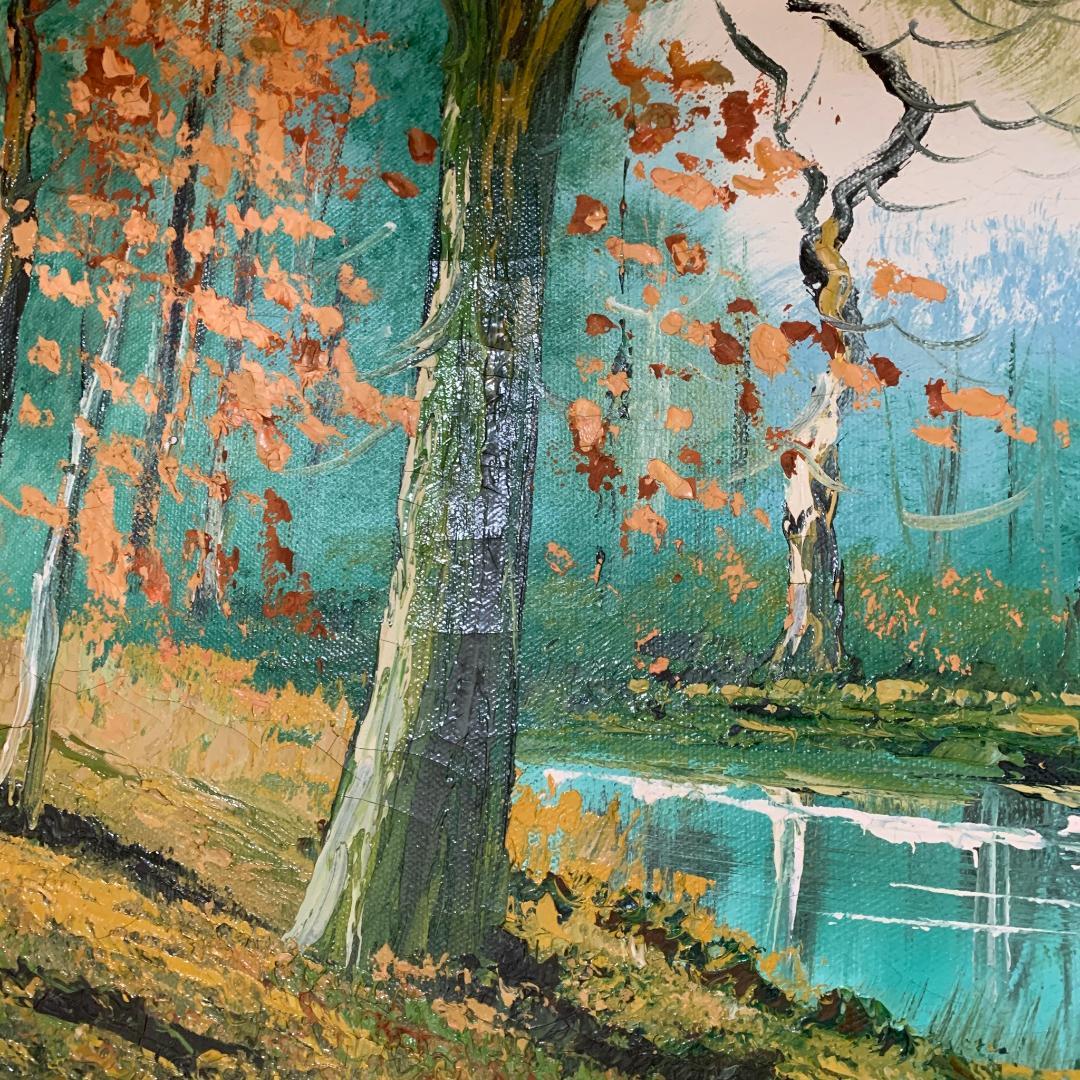 R120【作者不明】油絵 森ノ湖 絵画 木製 木彫り枠 額縁 1点物 希少