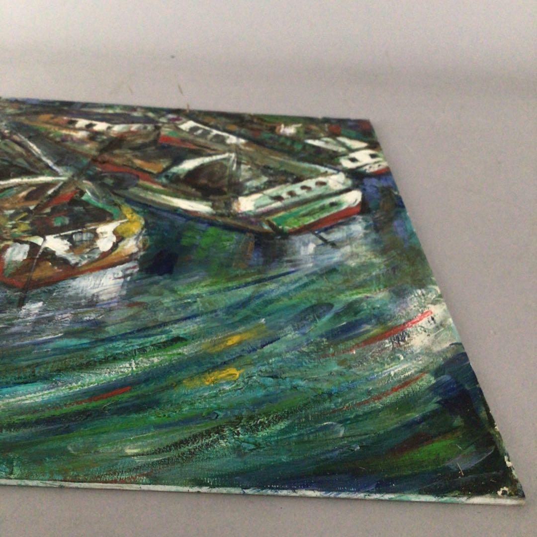 No3652 額装　作者不詳　油彩画　港図　F8 紙箱付　洋画　風景画　送料無料