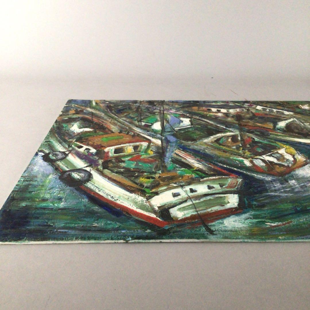 No3652 額装　作者不詳　油彩画　港図　F8 紙箱付　洋画　風景画　送料無料