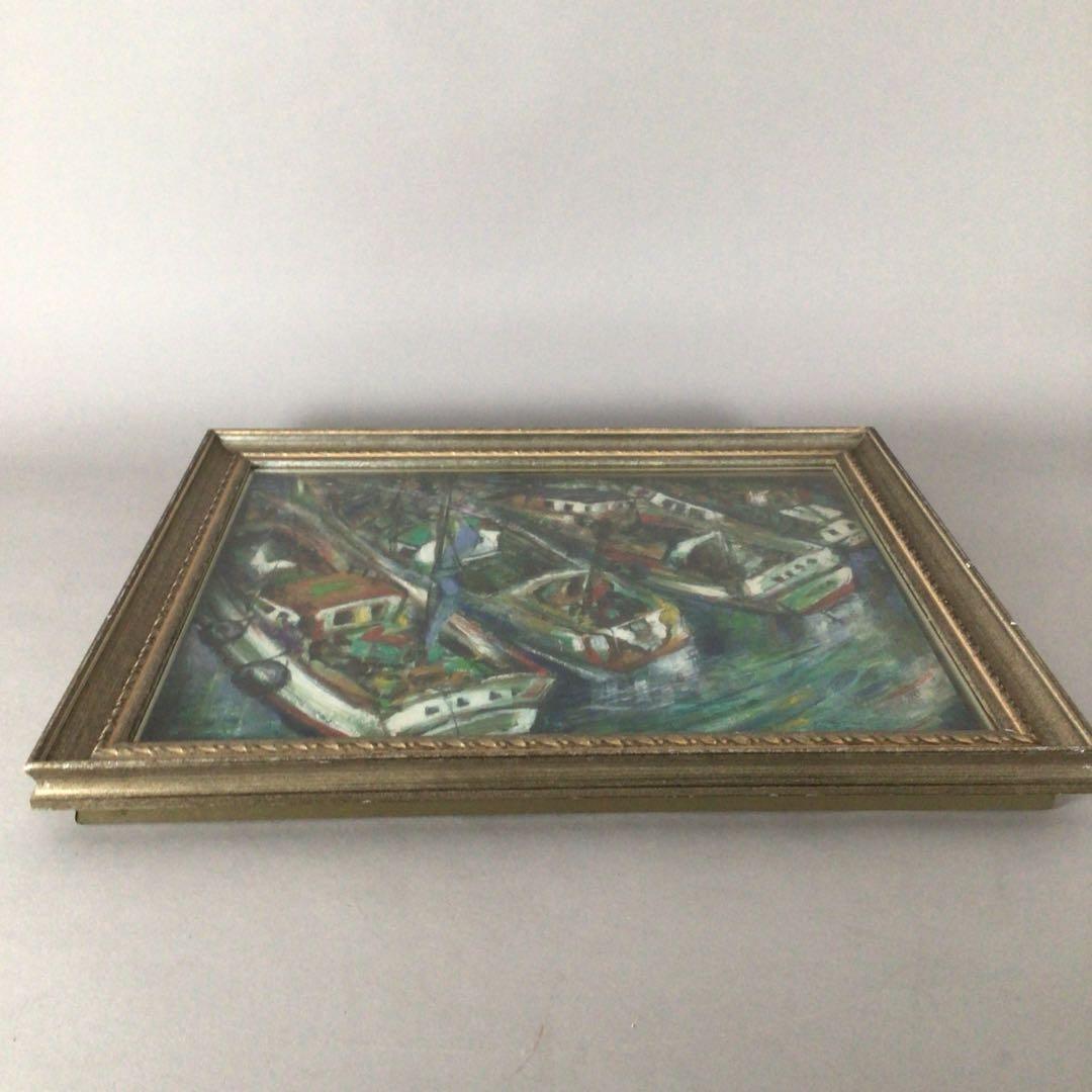 No3652 額装　作者不詳　油彩画　港図　F8 紙箱付　洋画　風景画　送料無料