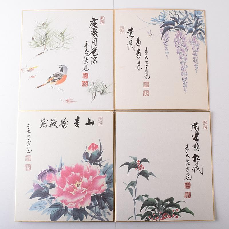 色紙絵　前大徳　須賀玄道筆　禅画花鳥図　二十四節気　共箱　N　7772A