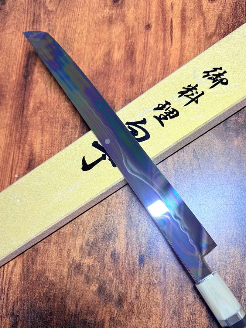池田美和　蛸引 先丸　水本焼　白一鋼　富士山 全鏡面 尺　黒檀白水牛八角柄