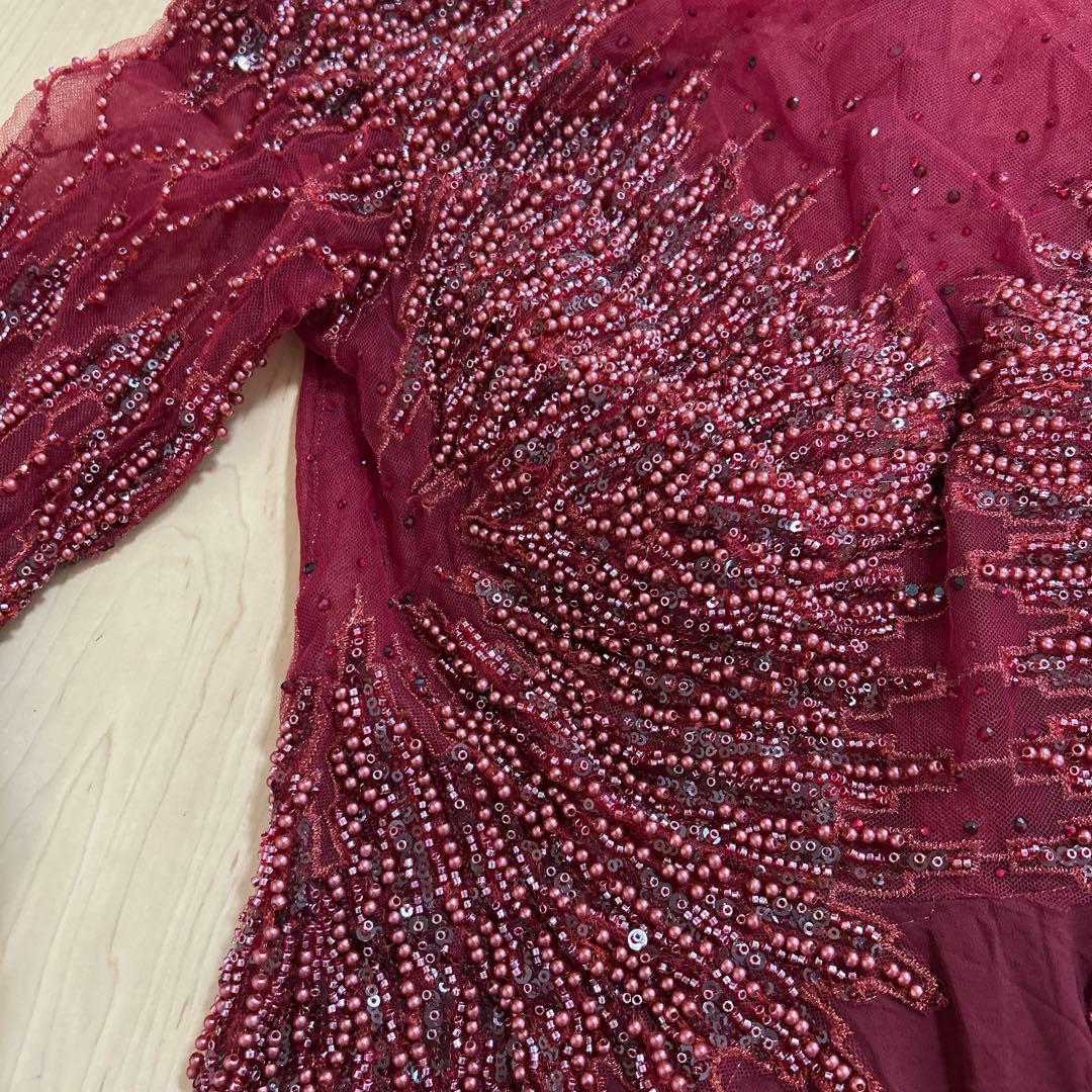 ✨海外古着✨ステージ衣装 豪華ビーズ刺繍 ロングドレス ボルドー 社交ダンス