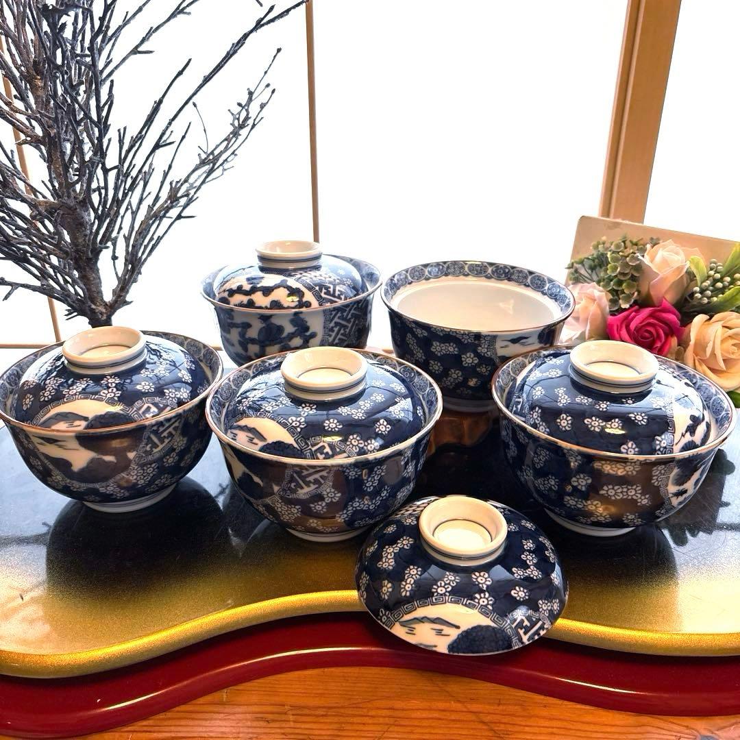賞美堂　其泉窯　古伊万里染付・蓋付き丼ぶり揃　5客