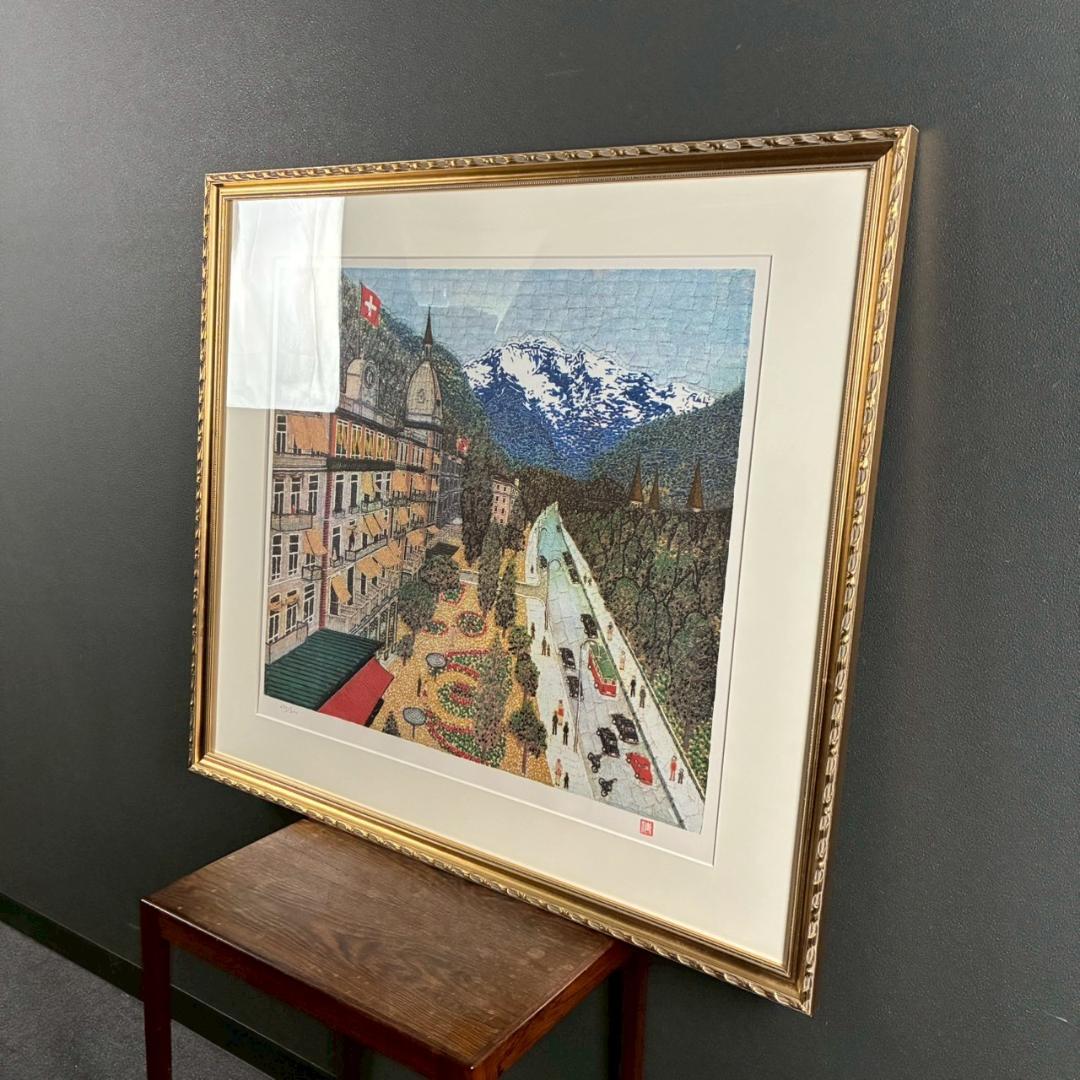 美品 山下清「スイスの町」リトグラフ 印章有 あずま工芸 裸の大将 お洒落な額装