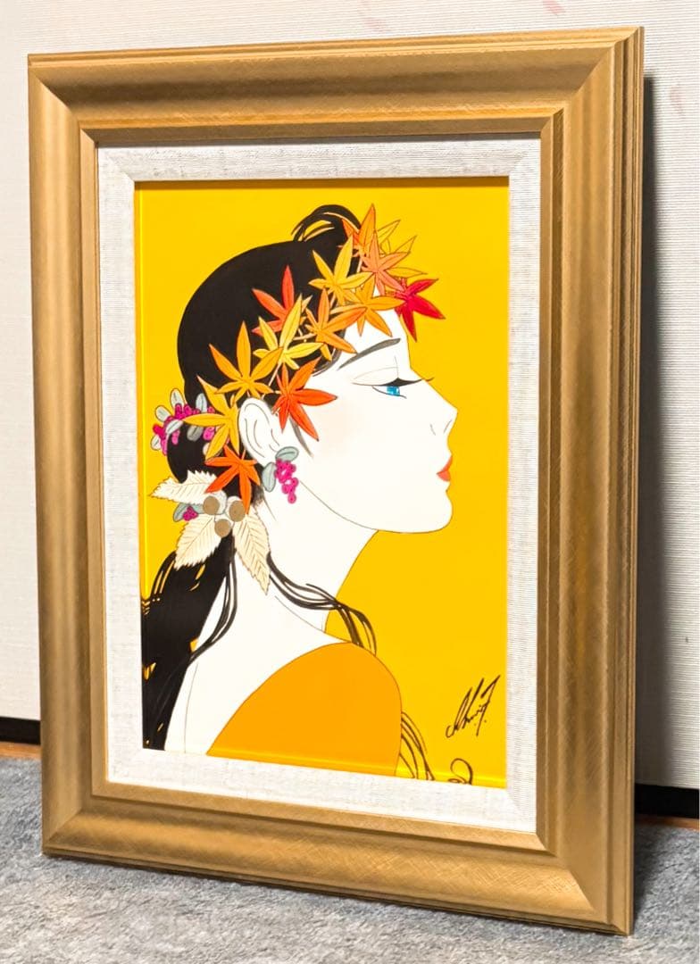 【F4号】手描き油彩画　鶴田一郎　額縁　未使用額　サイン　落款　ノエビア　美人画