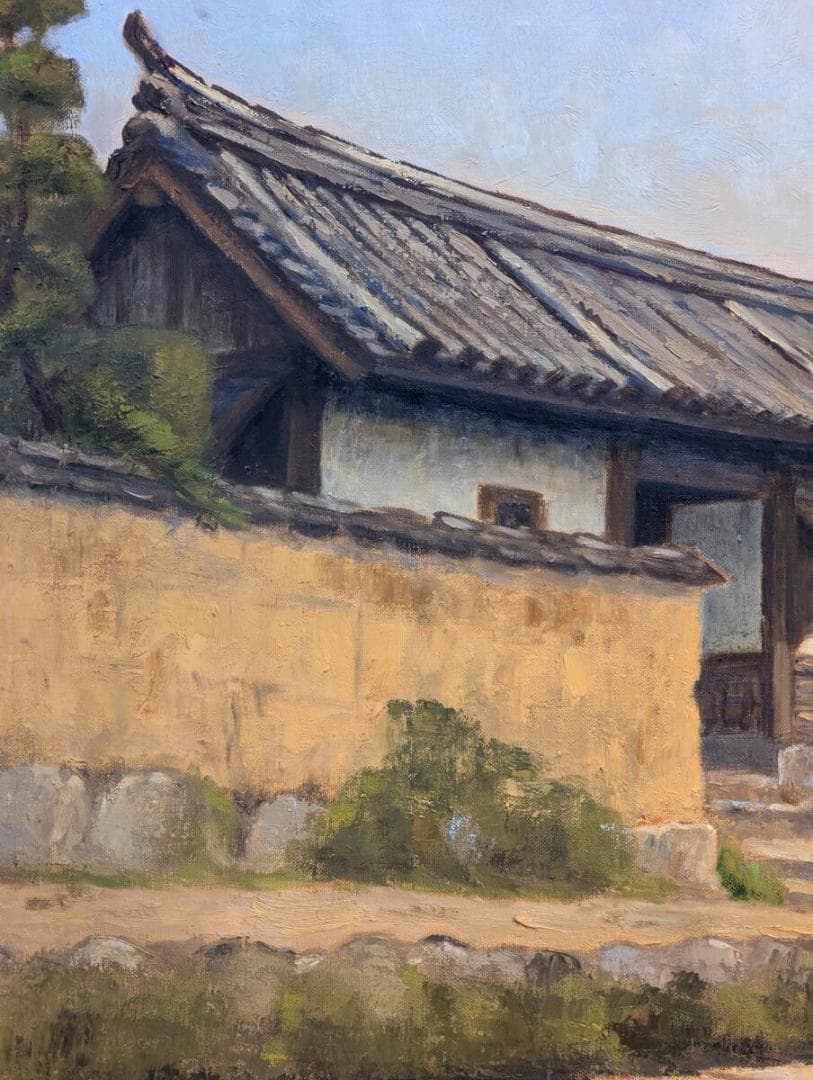 【真作】絵画　長生玲子　油彩30号　古門と柿の木　風情ある日本の秋情景　Y57