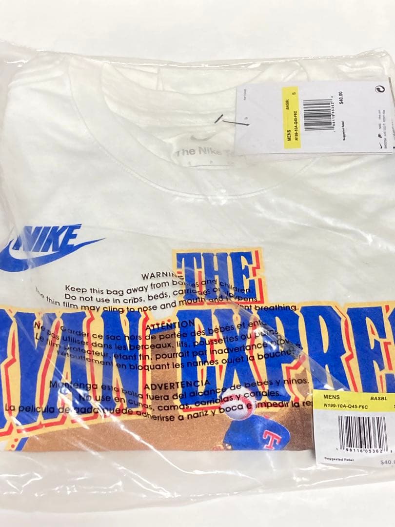 100%正規品S白ノーラン・ライアン復刻モデルNIKEレンジャーズTシャツMLB