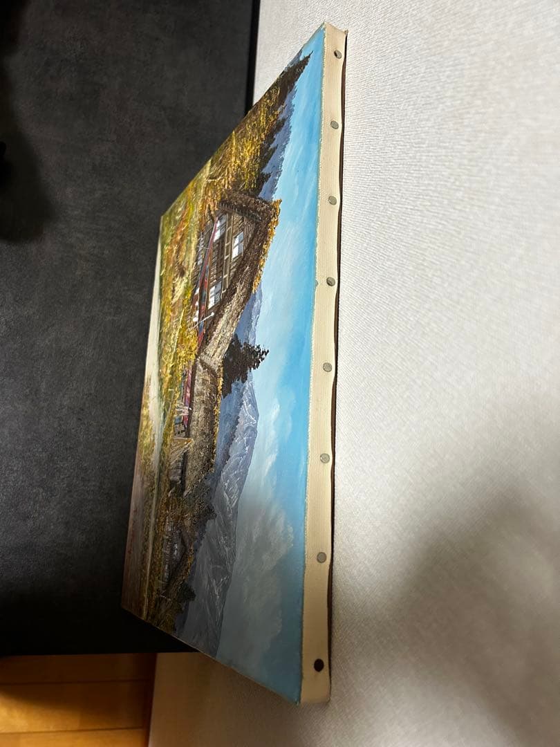 北川照生 油彩画 白川郷風 古民家 風景画 約6号 真作 サイン有　額縁なし