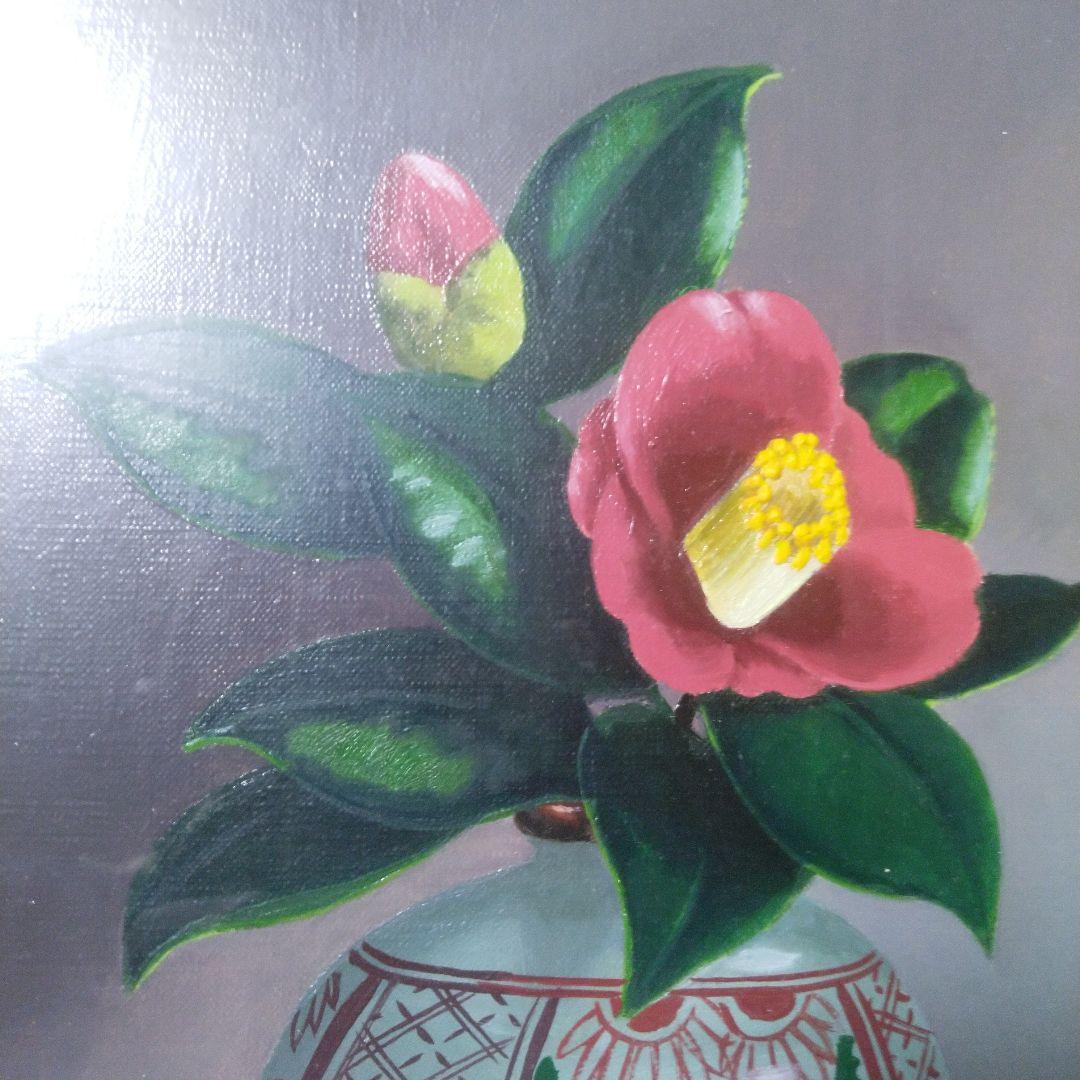 松尾武夫　椿の花と花瓶の油彩画　渋草焼き　3号