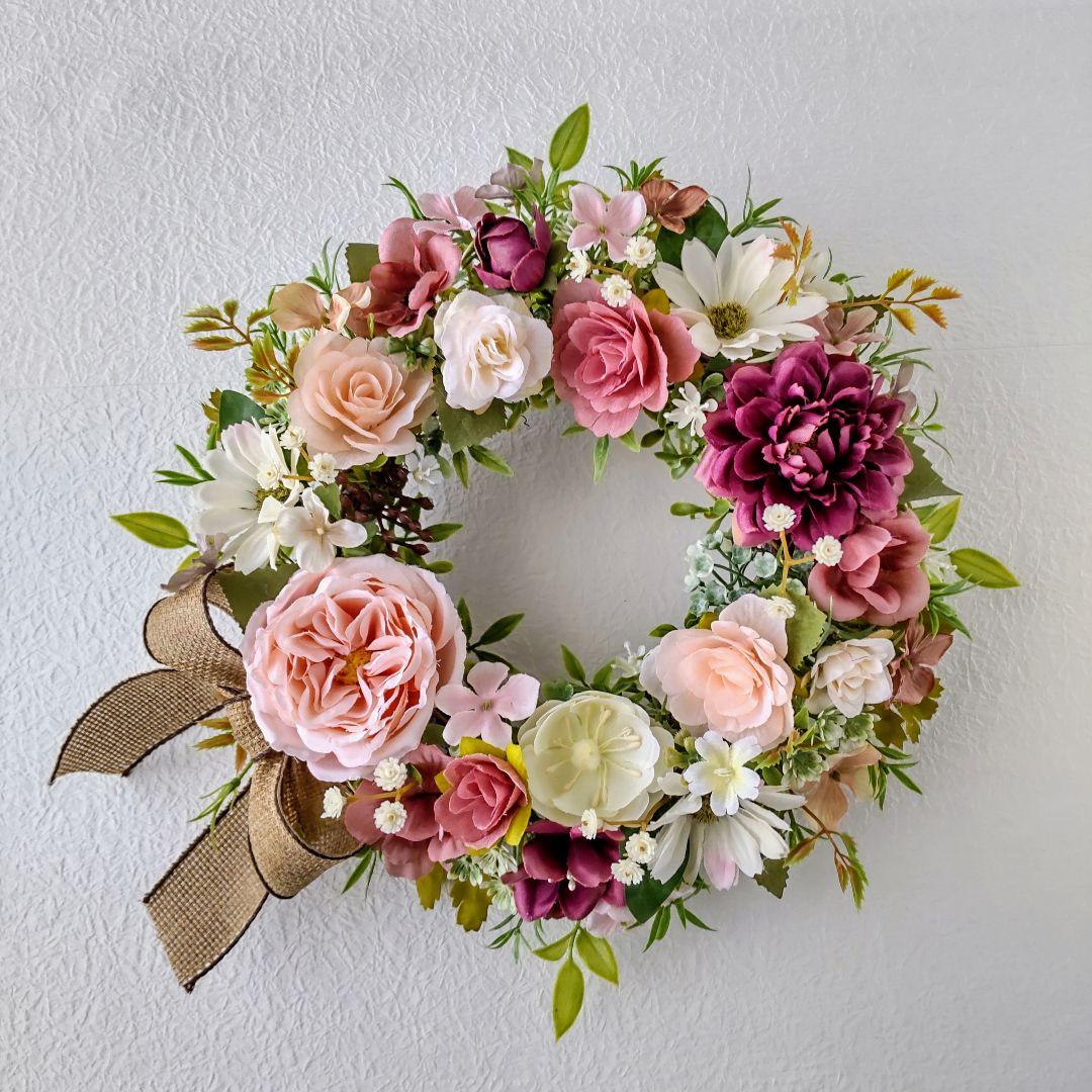 オールドローズとダリアのお花のリース  フラワーリース  リース  造花