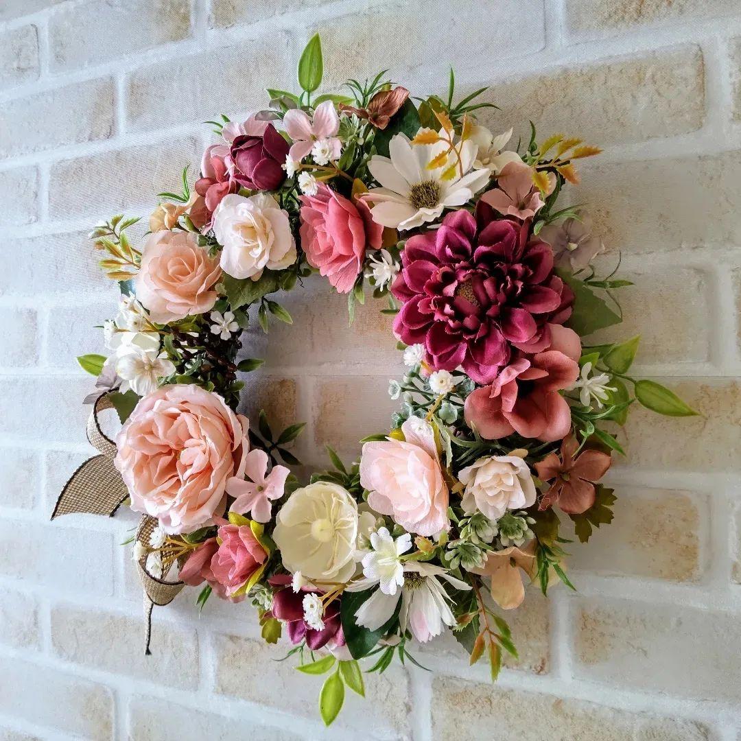 オールドローズとダリアのお花のリース  フラワーリース  リース  造花