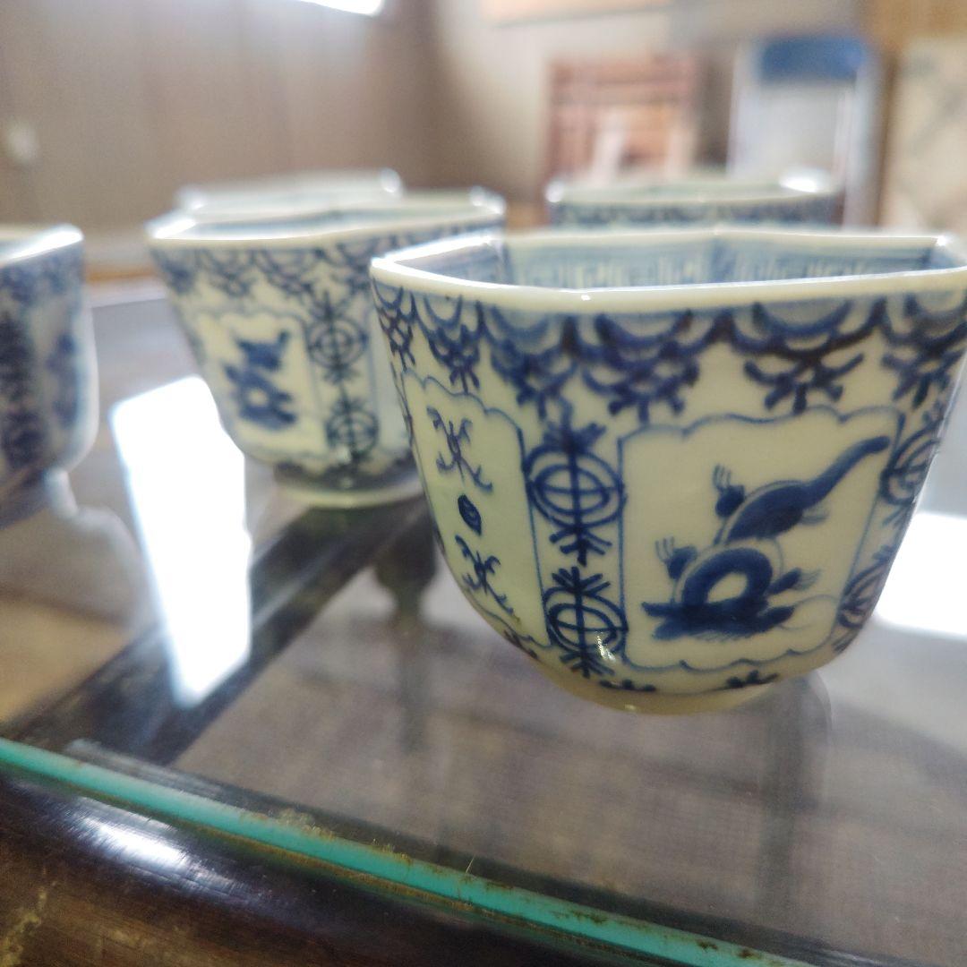 江戸古伊万里！青い花模様 六角形陶器 5個セット