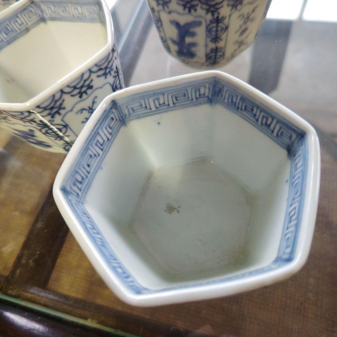 江戸古伊万里！青い花模様 六角形陶器 5個セット