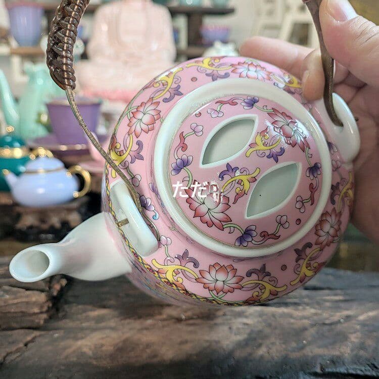 中国茶器 ピンク琺瑯彩かささぎ牡丹提梁壺 煎茶器 茶壺 茶道具 新商品未使用