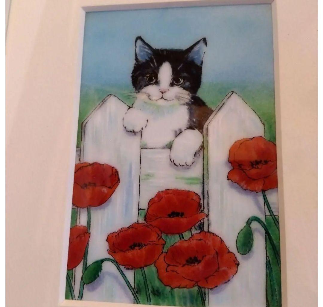 猫　ハチワレ　白黒　イラスト　絵画　七宝焼　七宝アート　七宝絵画　額縁