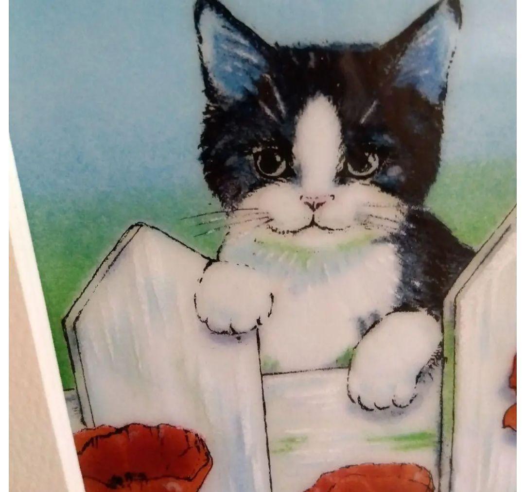 猫　ハチワレ　白黒　イラスト　絵画　七宝焼　七宝アート　七宝絵画　額縁