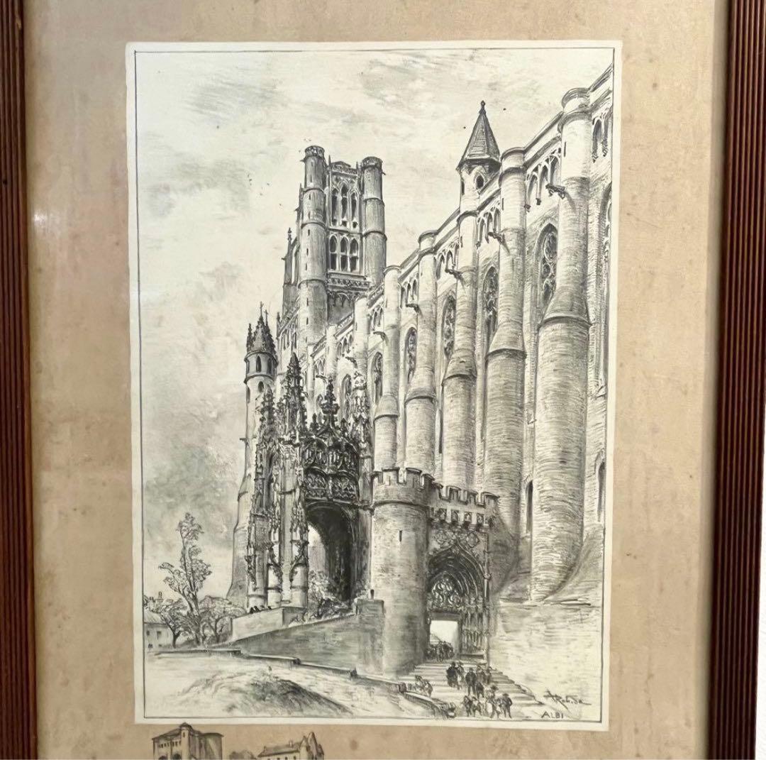 フランスアンティーク アートフレーム 絵画 額縁壁掛け 城の風景 木製フレーム