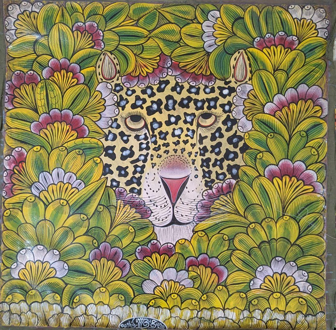 ●アフリカの絵画、ティンガティンガ、茂みに潜むレオパード、70×70cm