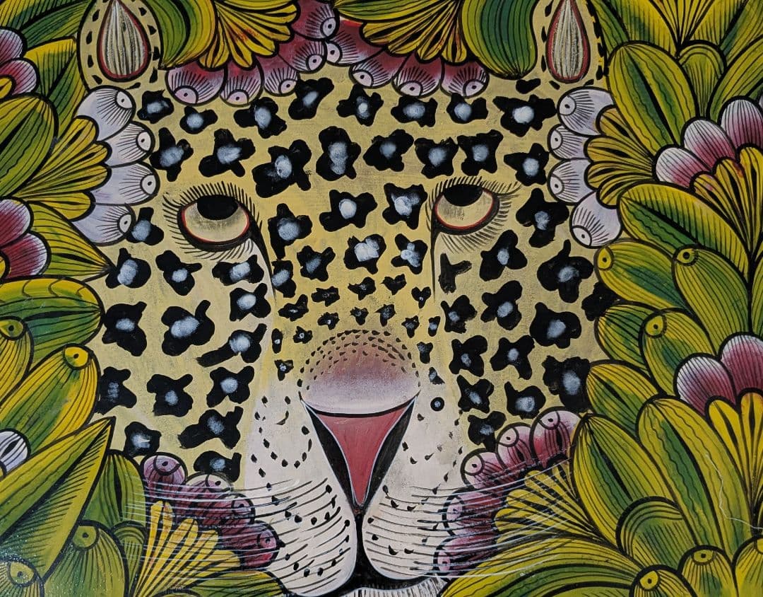 ●アフリカの絵画、ティンガティンガ、茂みに潜むレオパード、70×70cm
