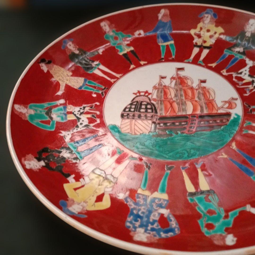 【古伊万里】オランダ人絵図　色絵　帆船図　江戸時代　時代物　大皿