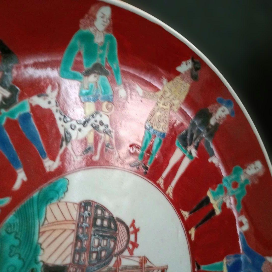 【古伊万里】オランダ人絵図　色絵　帆船図　江戸時代　時代物　大皿