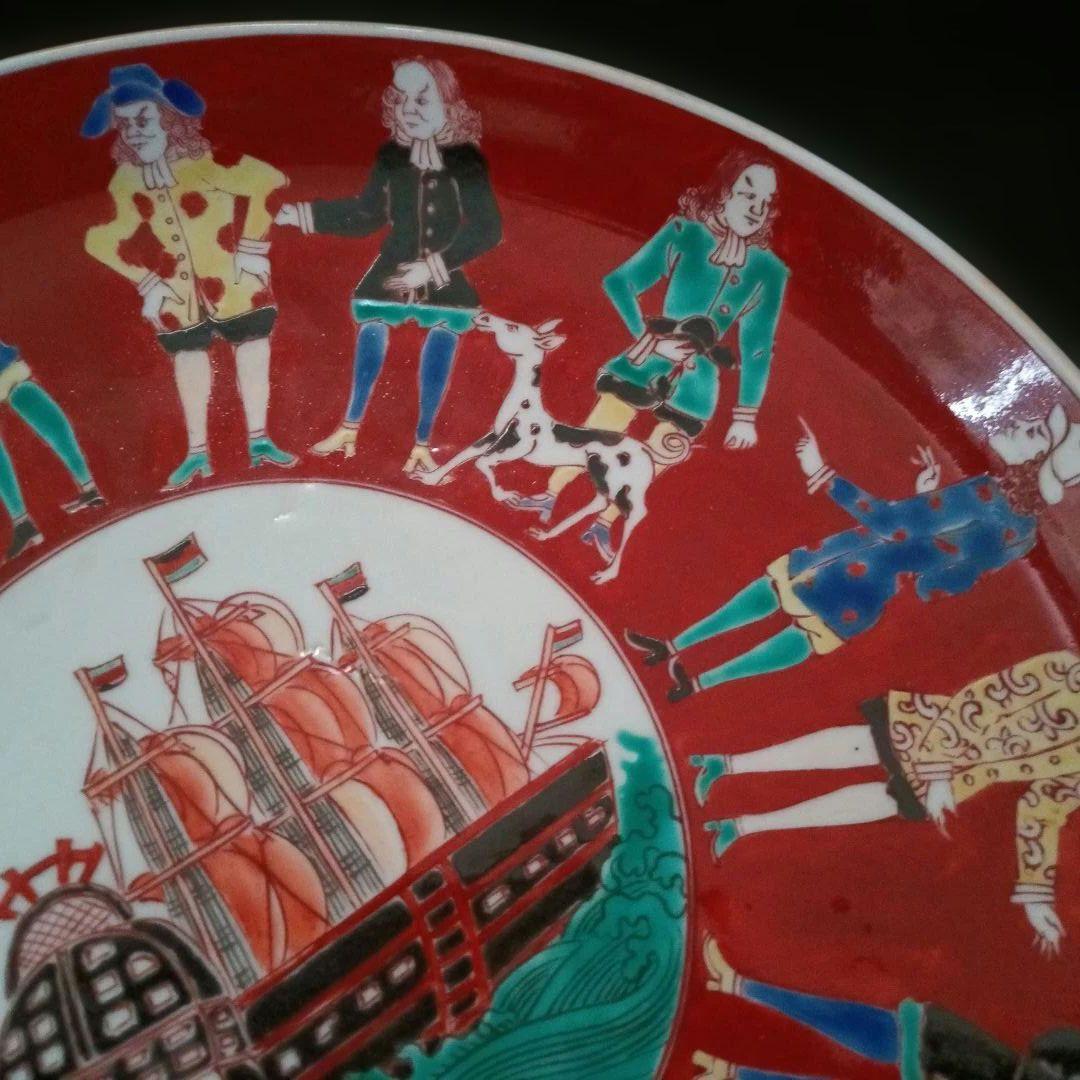 【古伊万里】オランダ人絵図　色絵　帆船図　江戸時代　時代物　大皿