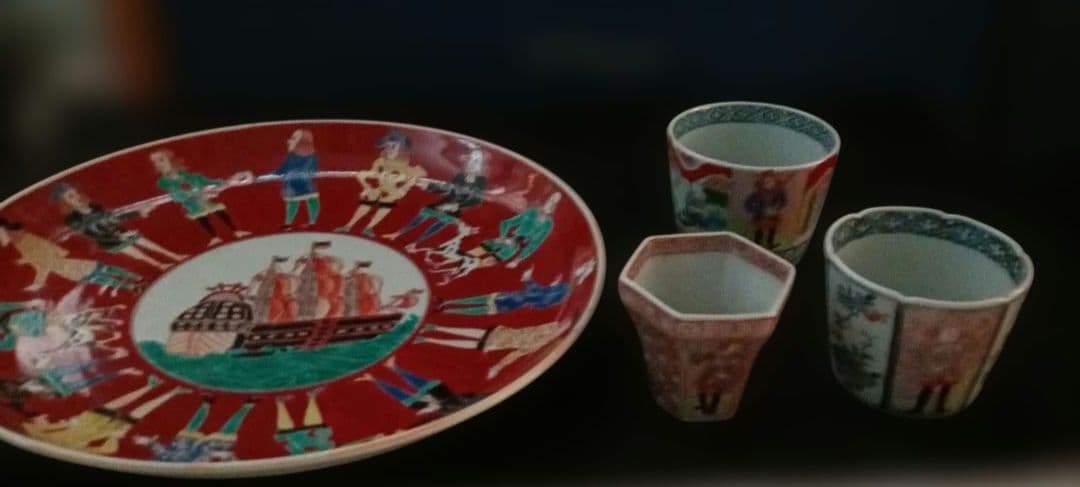 【古伊万里】オランダ人絵図　色絵　帆船図　江戸時代　時代物　大皿