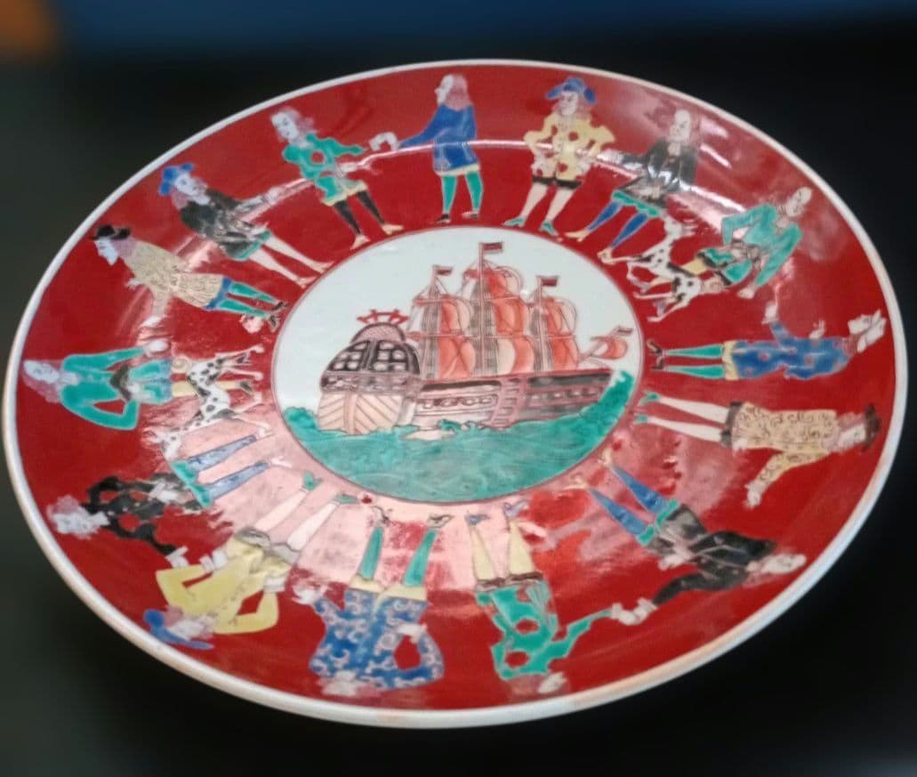 【古伊万里】オランダ人絵図　色絵　帆船図　江戸時代　時代物　大皿