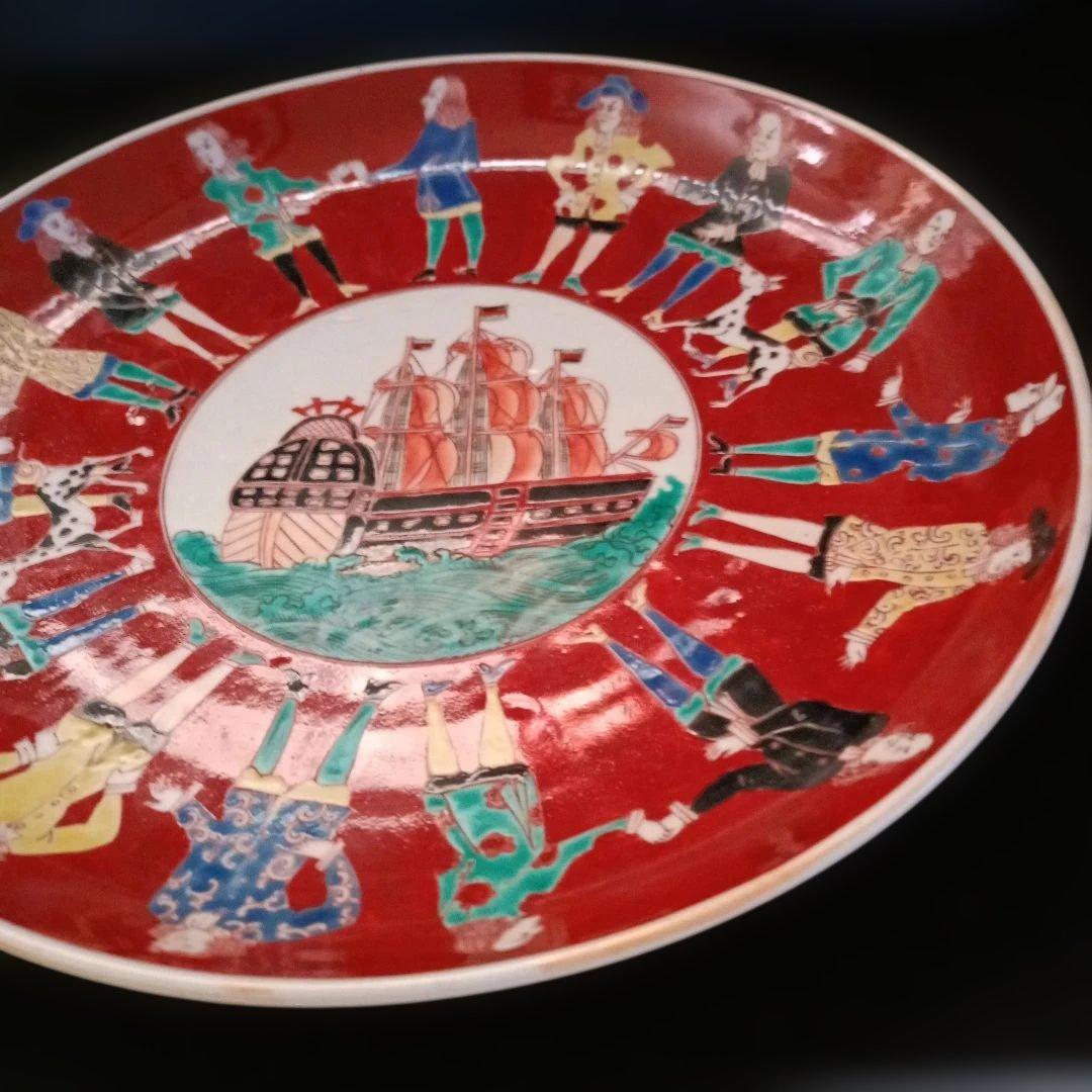【古伊万里】オランダ人絵図　色絵　帆船図　江戸時代　時代物　大皿