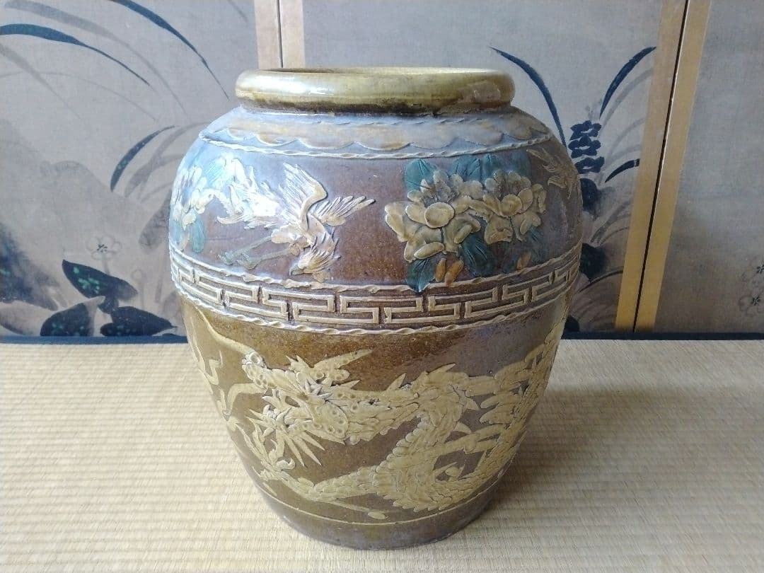 仕事がとても良いピータン壺　中国民芸　骨董　古美術　古壺　古玩　甕　置物飾り