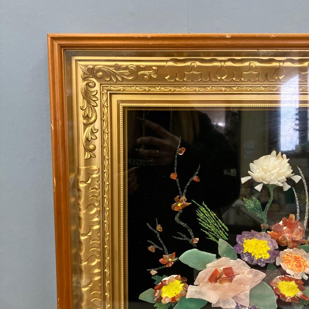 豪華 工芸品 天然石アート 石画 花瓶の華 額装 彫刻 アート ストーンアート