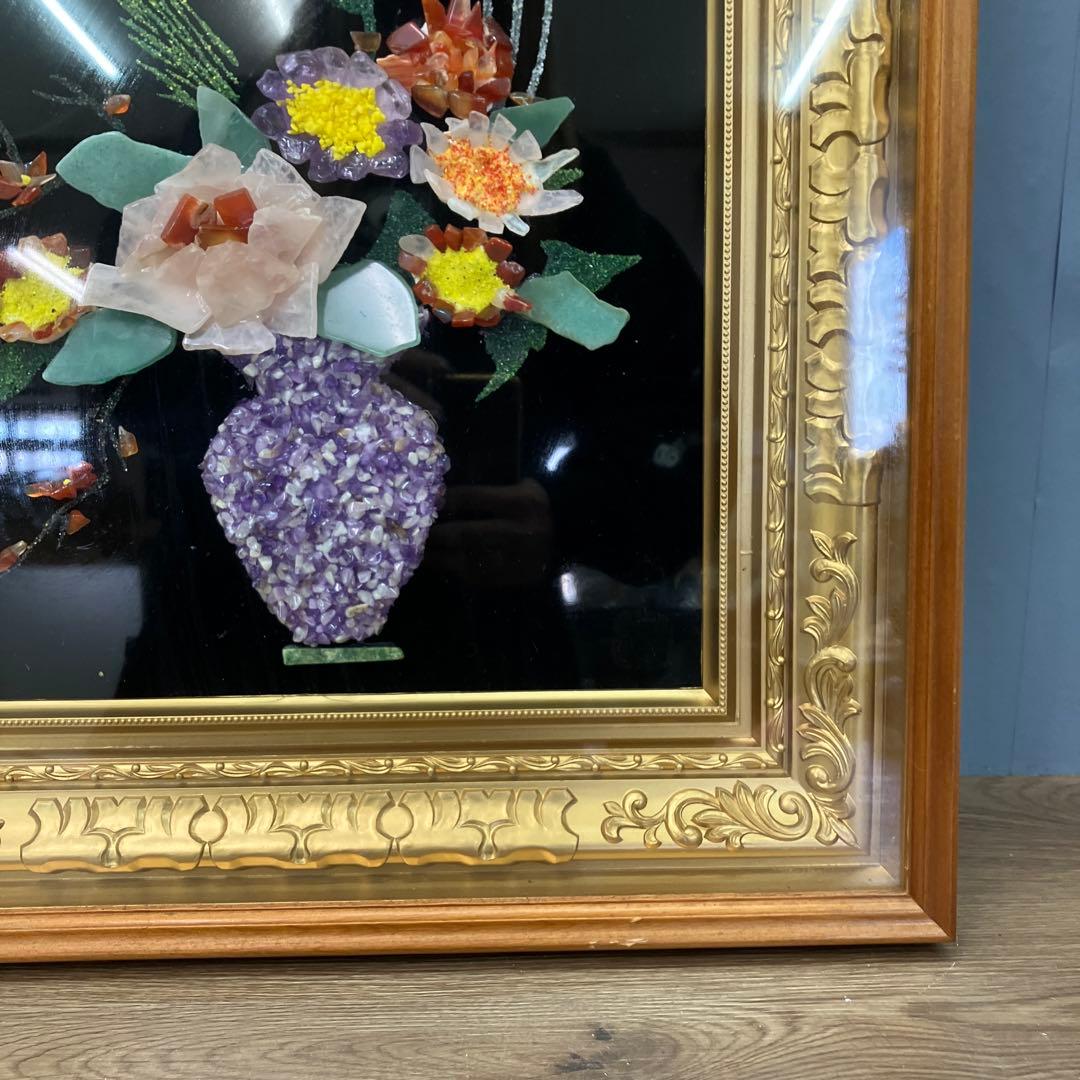 豪華 工芸品 天然石アート 石画 花瓶の華 額装 彫刻 アート ストーンアート