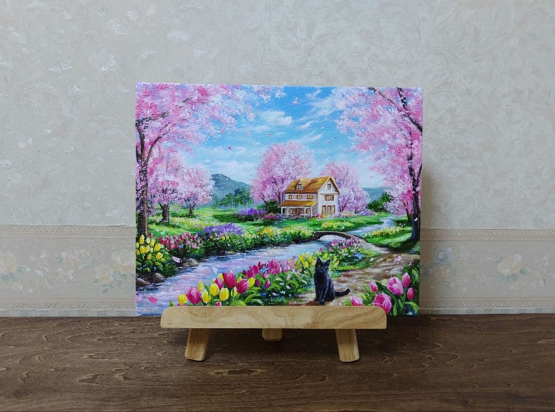 【春の日】アクリル画 F3 風景画 絵画