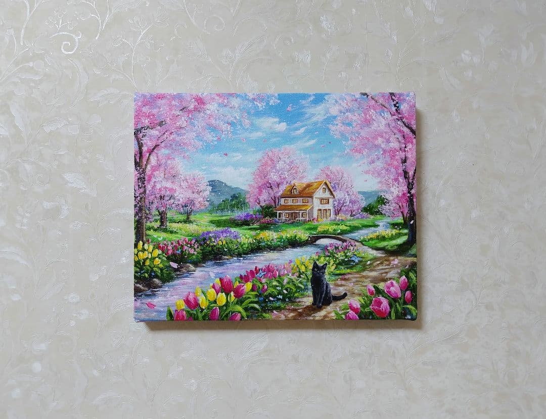 【春の日】アクリル画 F3 風景画 絵画