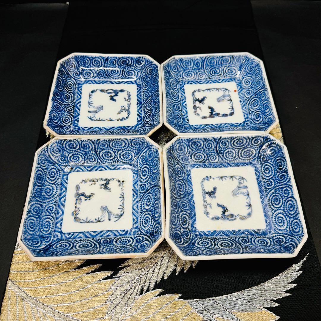 古伊万里　有田焼　染付松松竹梅蛸唐草文　方皿　4点