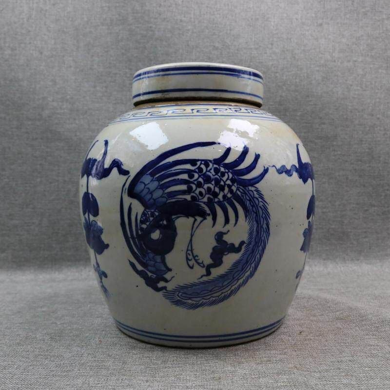 青花鳳紋陶磁蓋壺 景徳鎮 陶磁器 装飾品 現代工芸品 美術品 置物