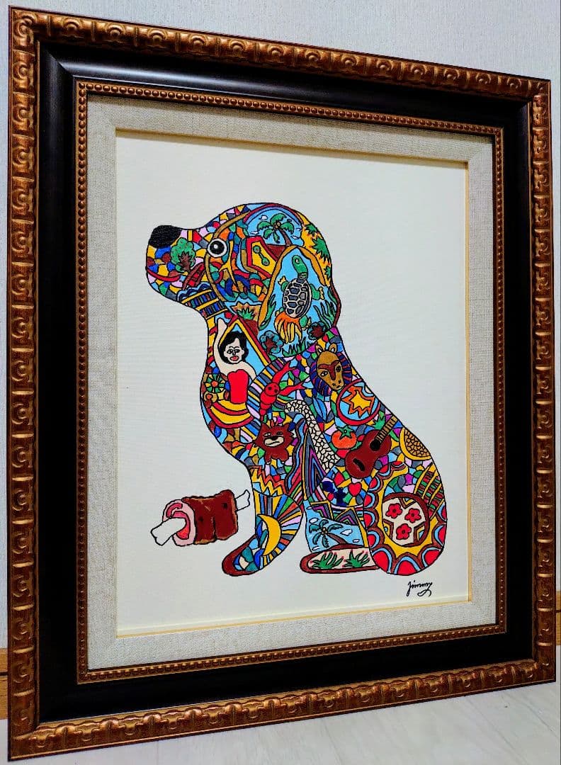 【F6号】ジミー大西【Dog】手描き/表裏サイン有り/油彩/アクリル/絵画/額縁