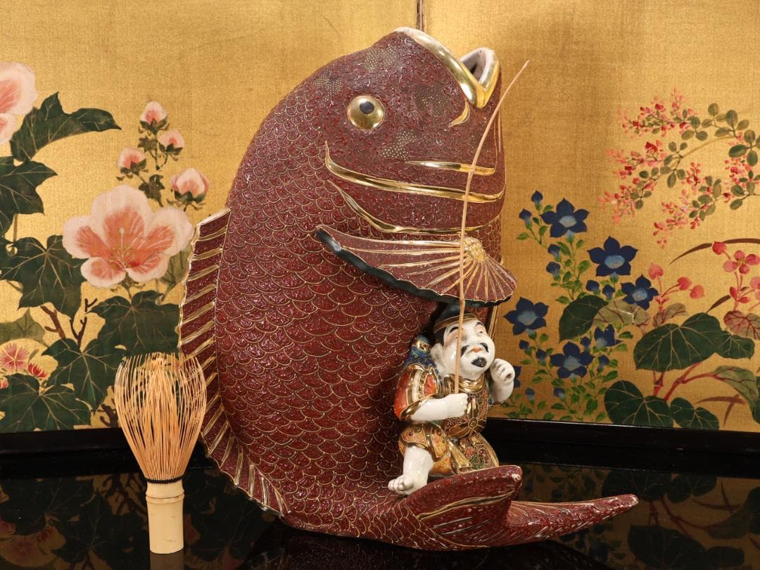BK525　古九谷　色絵金彩　大鯛恵比寿置物　花瓶 花器 古美術品　床飾