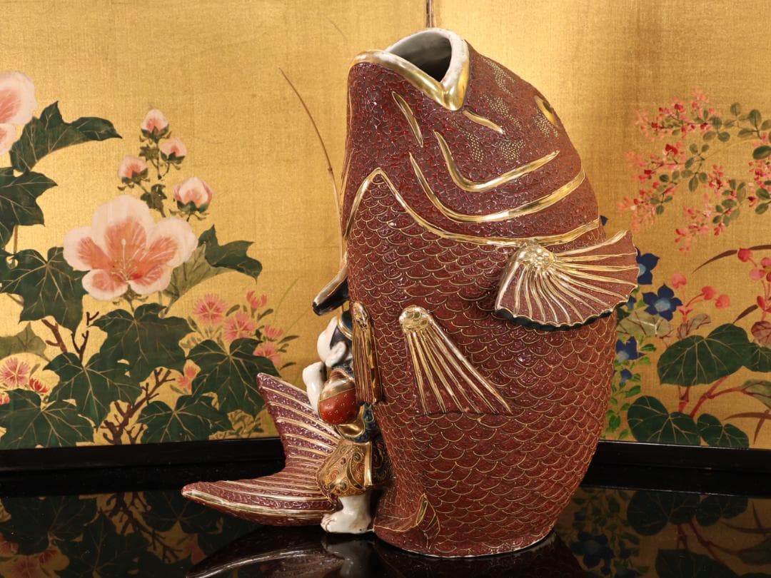 BK525　古九谷　色絵金彩　大鯛恵比寿置物　花瓶 花器 古美術品　床飾
