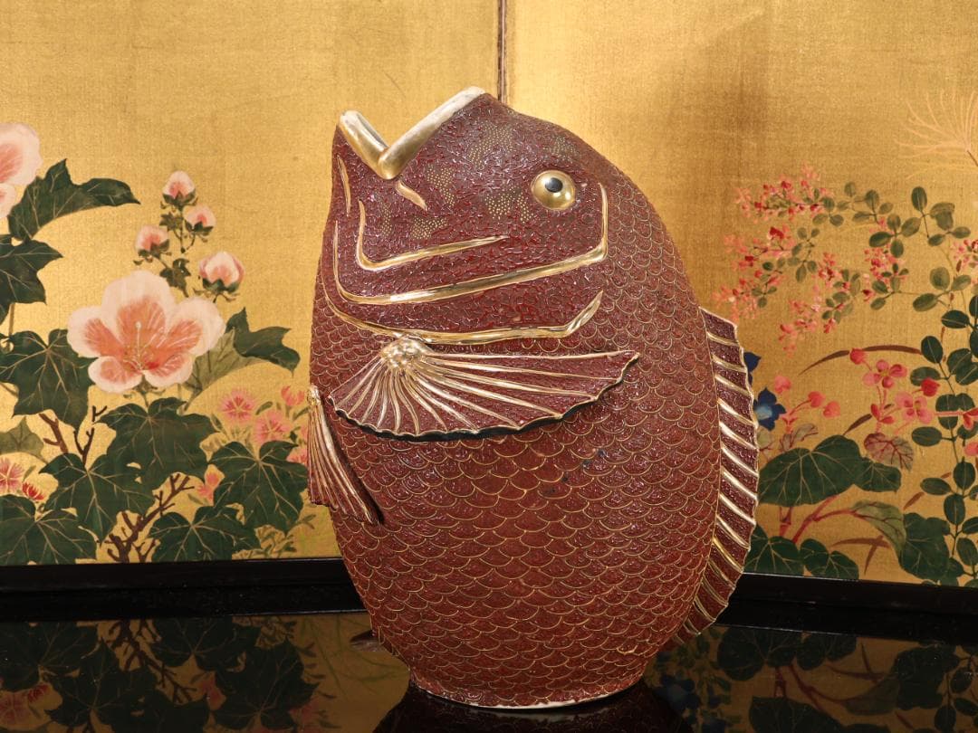 BK525　古九谷　色絵金彩　大鯛恵比寿置物　花瓶 花器 古美術品　床飾