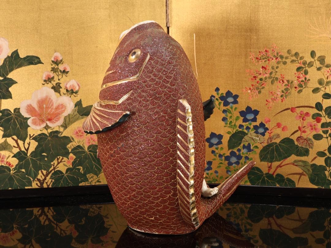 BK525　古九谷　色絵金彩　大鯛恵比寿置物　花瓶 花器 古美術品　床飾