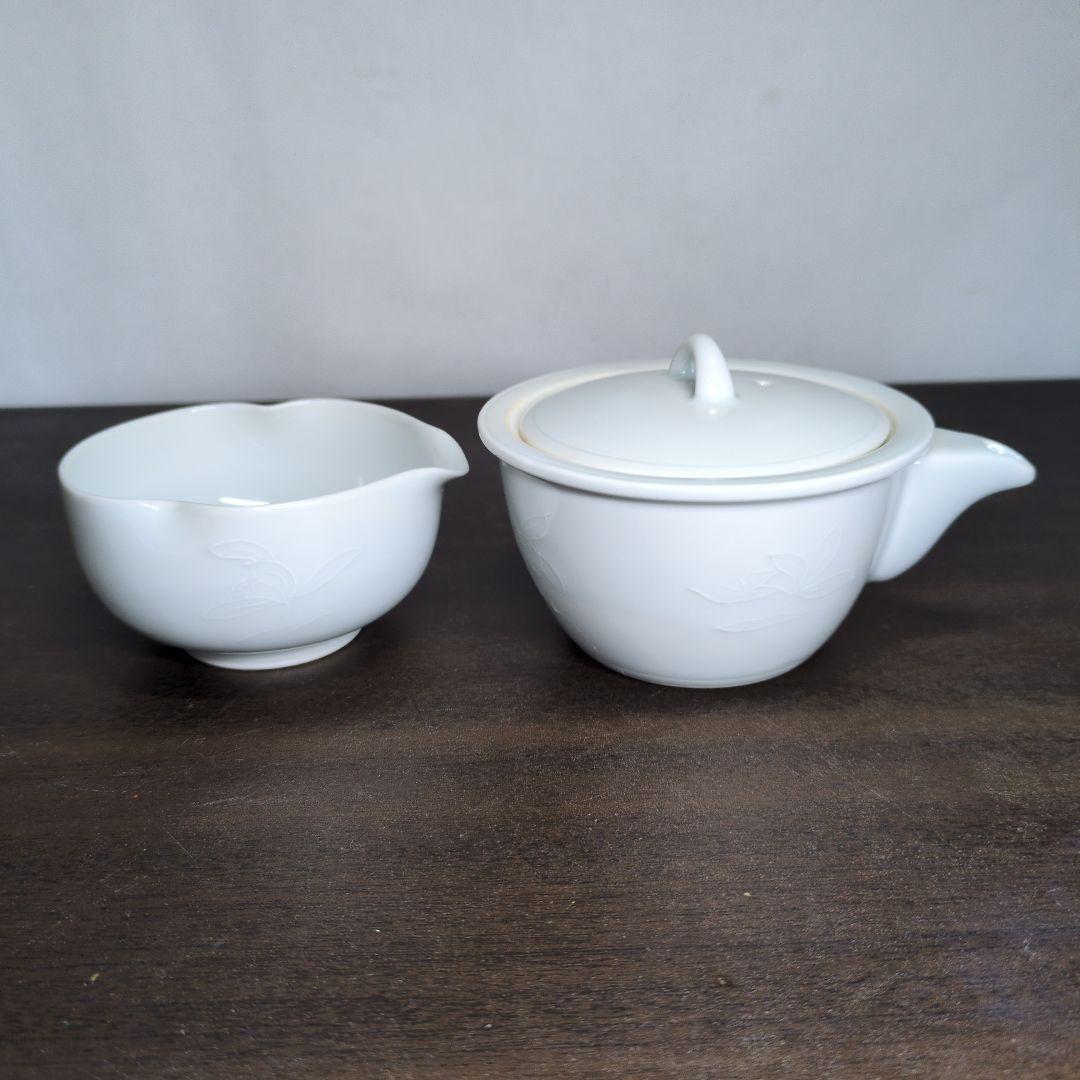 平安 京泉 作 白磁 蘭文 煎茶器揃(煎茶碗五客・湯冷まし・宝瓶) 共箱