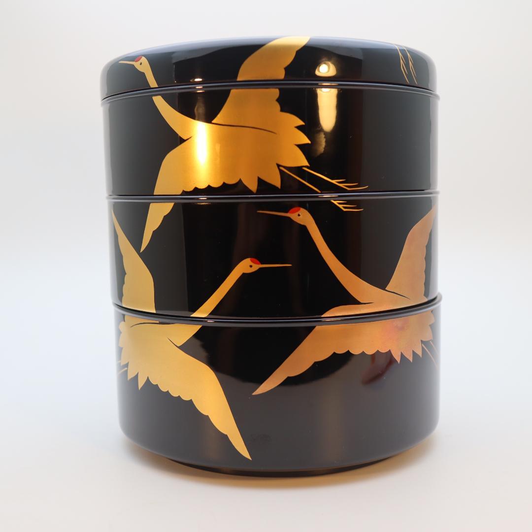 輪島塗　鶴蒔絵　三段重箱　丸型　丸重箱