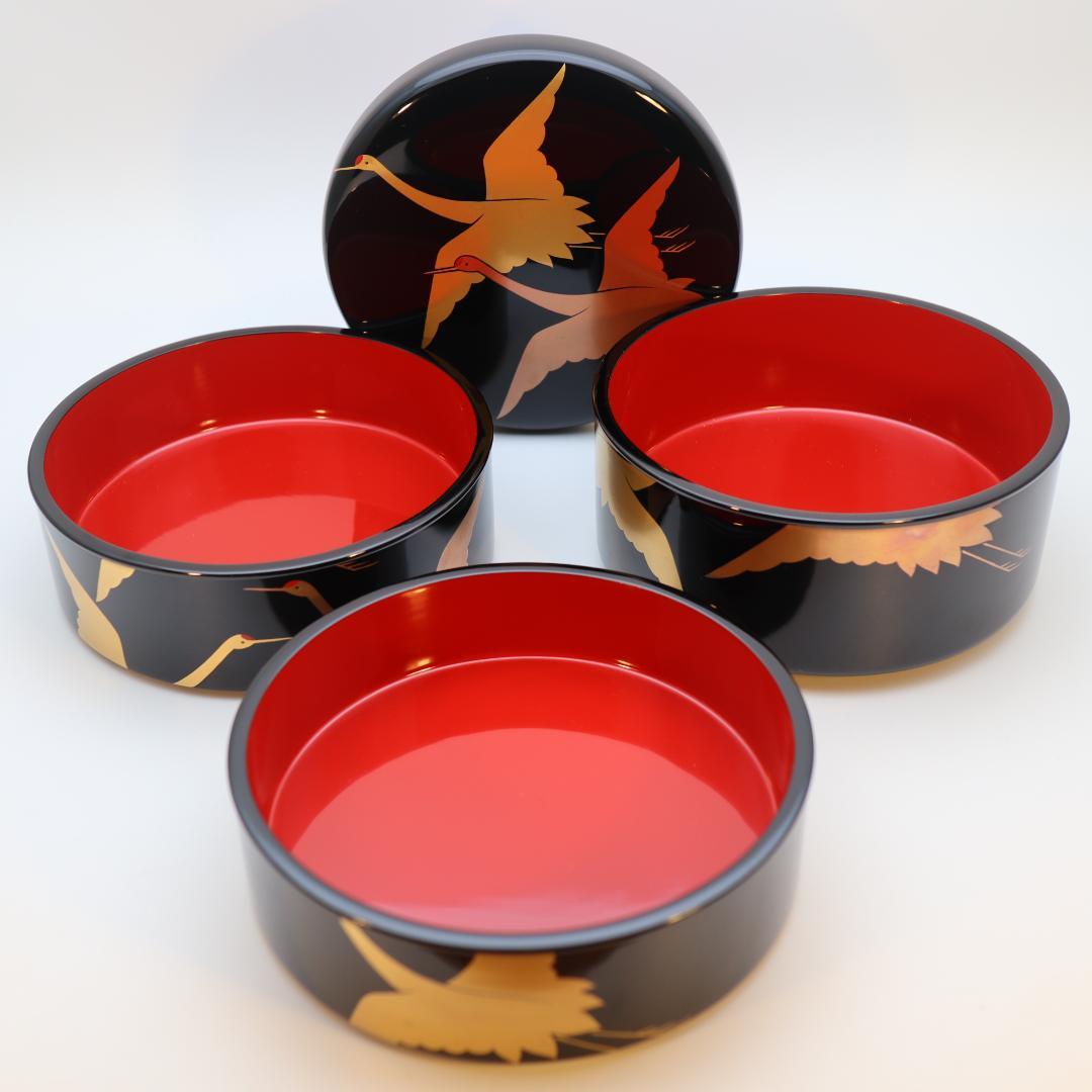 輪島塗　鶴蒔絵　三段重箱　丸型　丸重箱