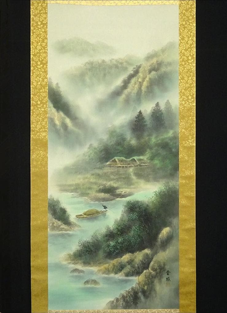 掛軸 綾部栄照『彩色山水図』絹本 共箱付 良好品 掛け軸 a080520-2