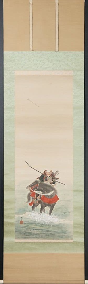 辻春斎 『梶原景季宇治川先陣図』 真作 肉筆　絹本彩色 掛軸
