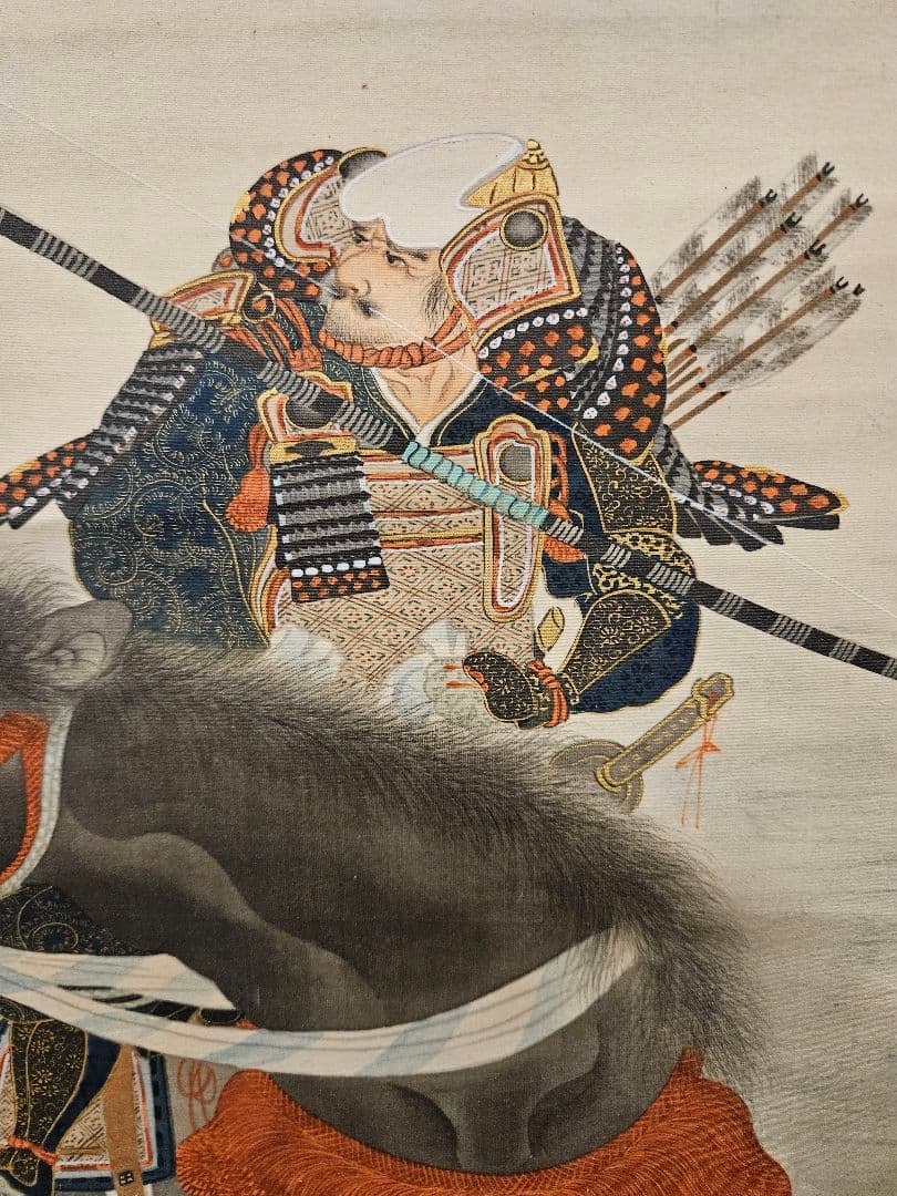 辻春斎 『梶原景季宇治川先陣図』 真作 肉筆　絹本彩色 掛軸
